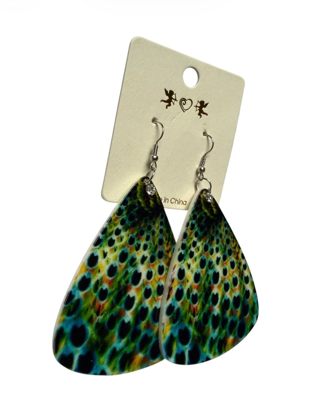 Abstract Peacock Design Rounded Triangle Shape Earrings - Picture 2 of 4